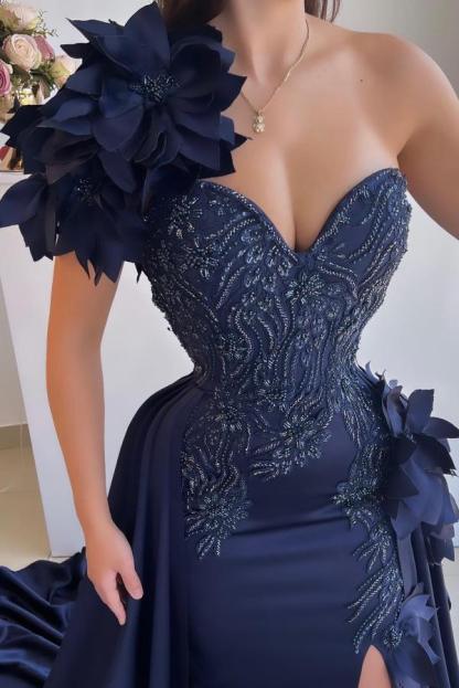 Flowers One shoulder Dark Navy Ruffles Prom Dresses
