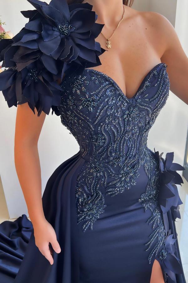 Flowers One shoulder Dark Navy Ruffles Prom Dresses