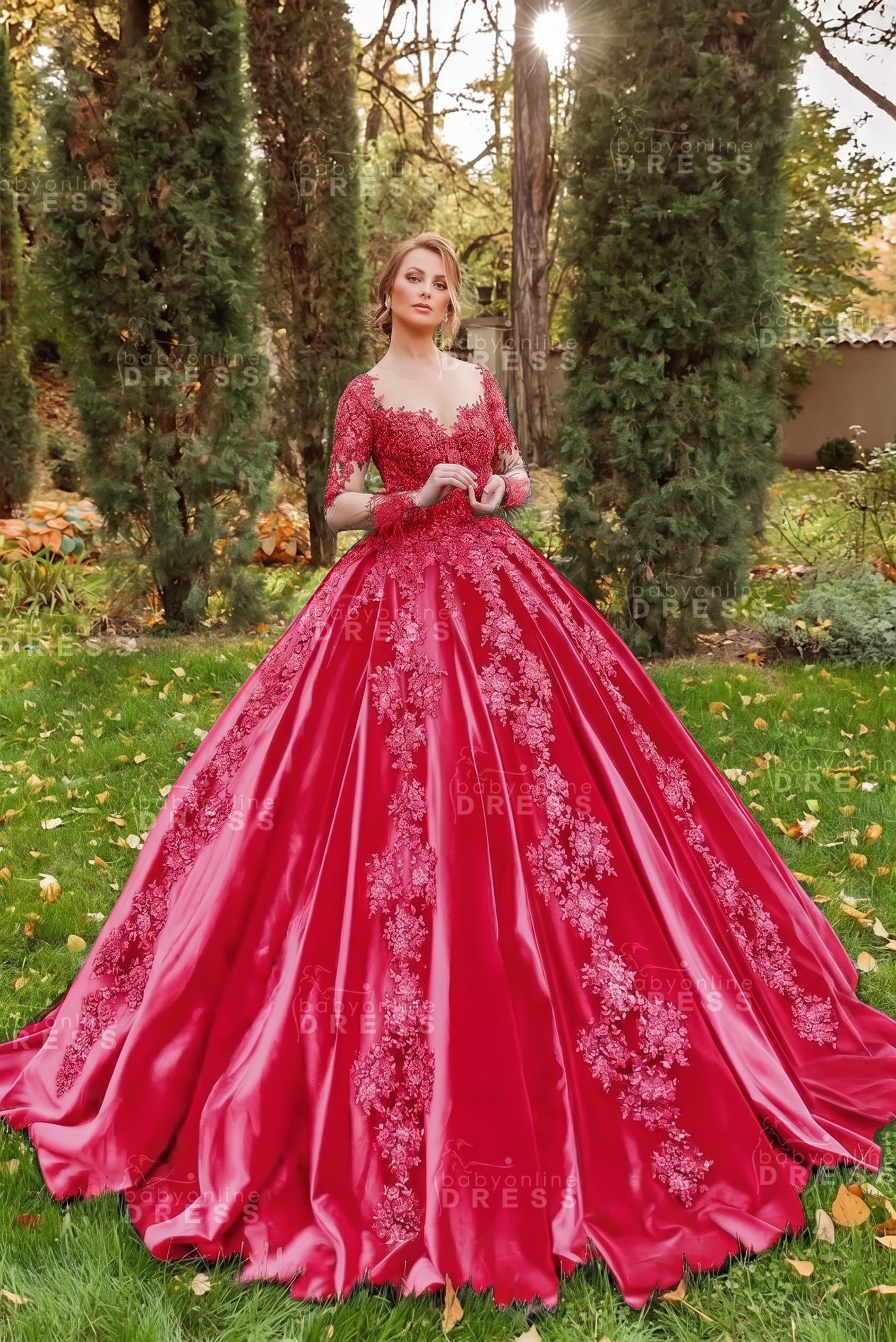 Gorgeous Long Sleeves Velvet Ball Gown with 3D Floral Appliques