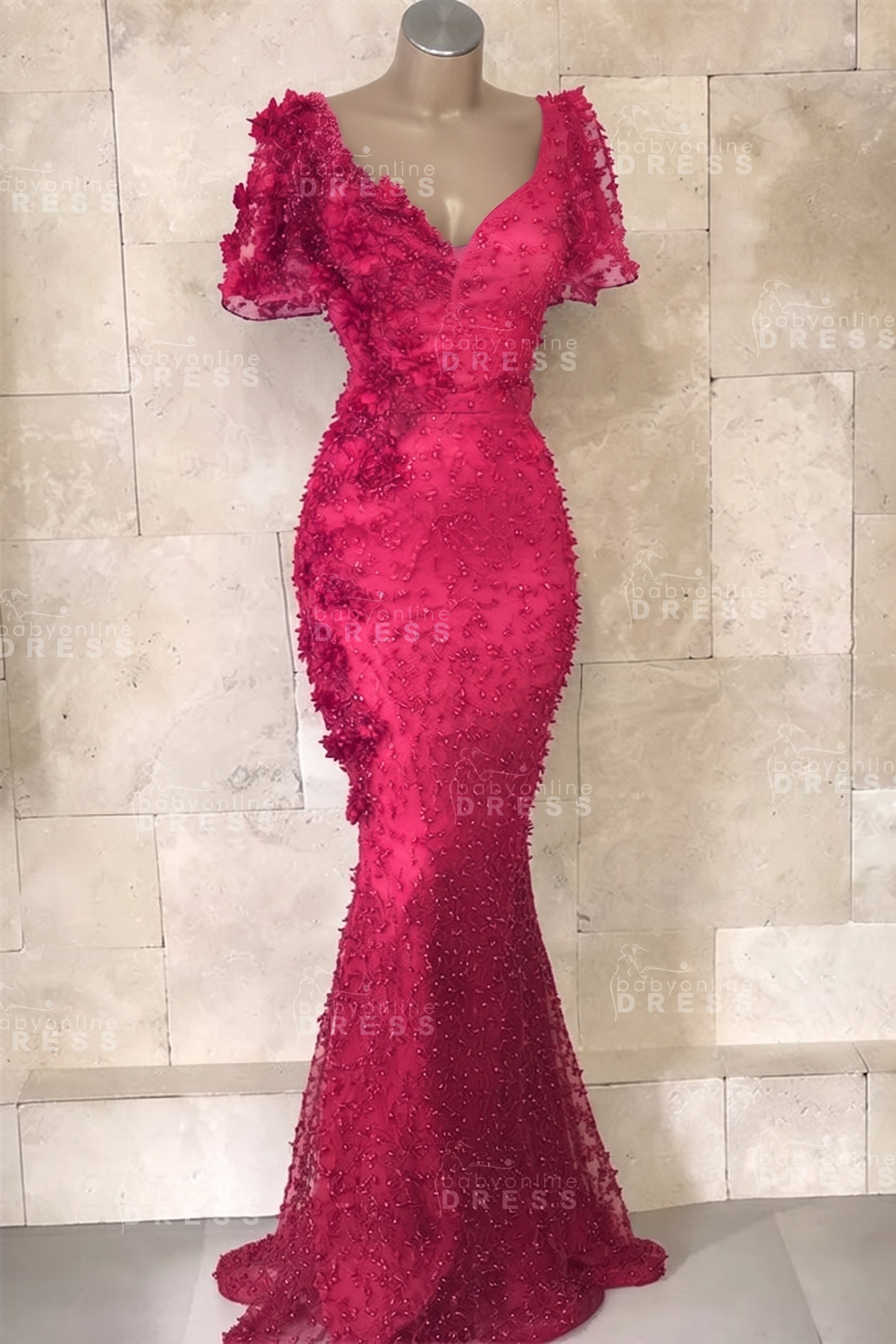 Glamorous V-Neck Short Sleeves Beading Flower Mermaid Floor-Length Prom Dresses