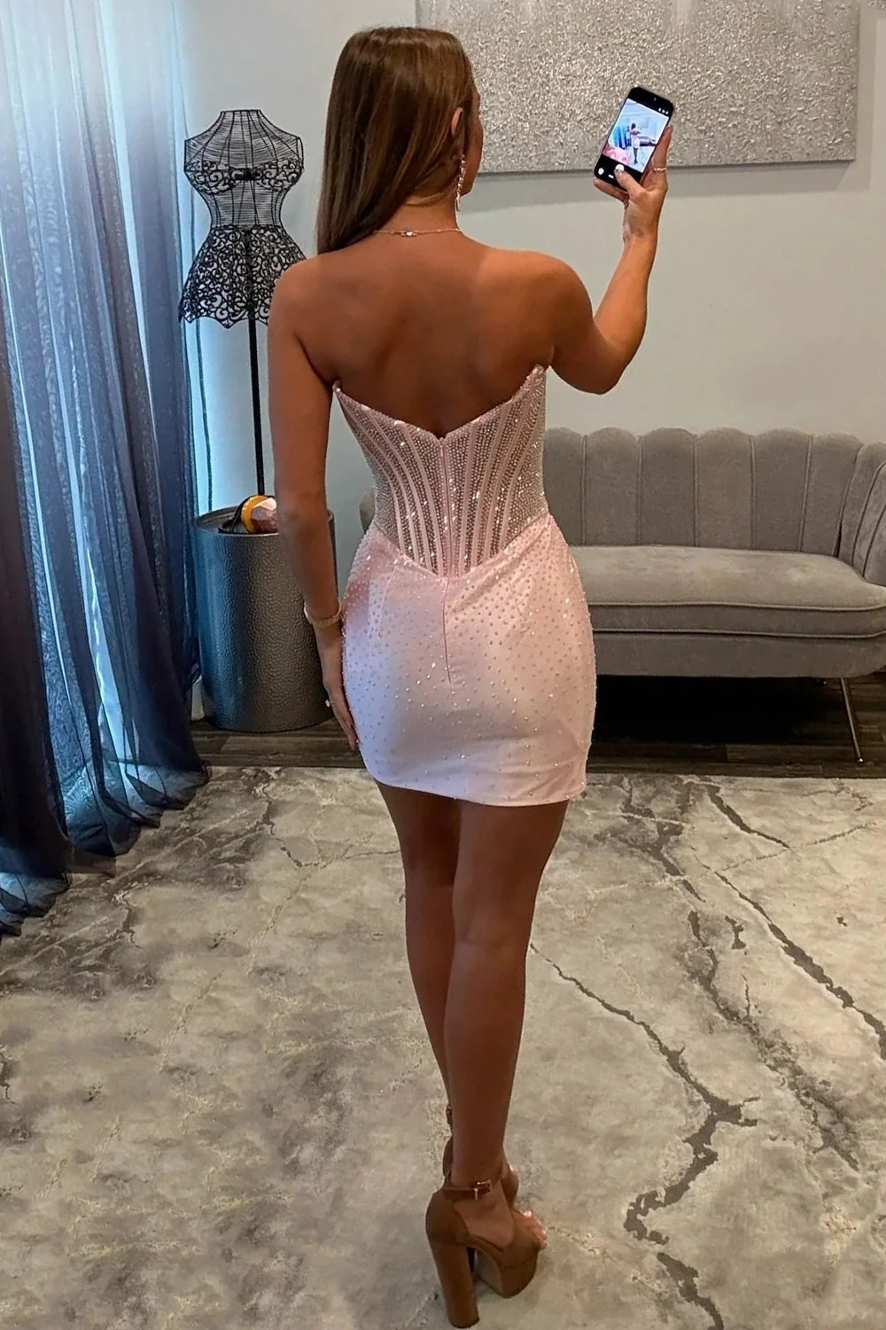 Glamorous Strapless Beaded Corset Mini Homecoming Dress with Rhinestone Detailing