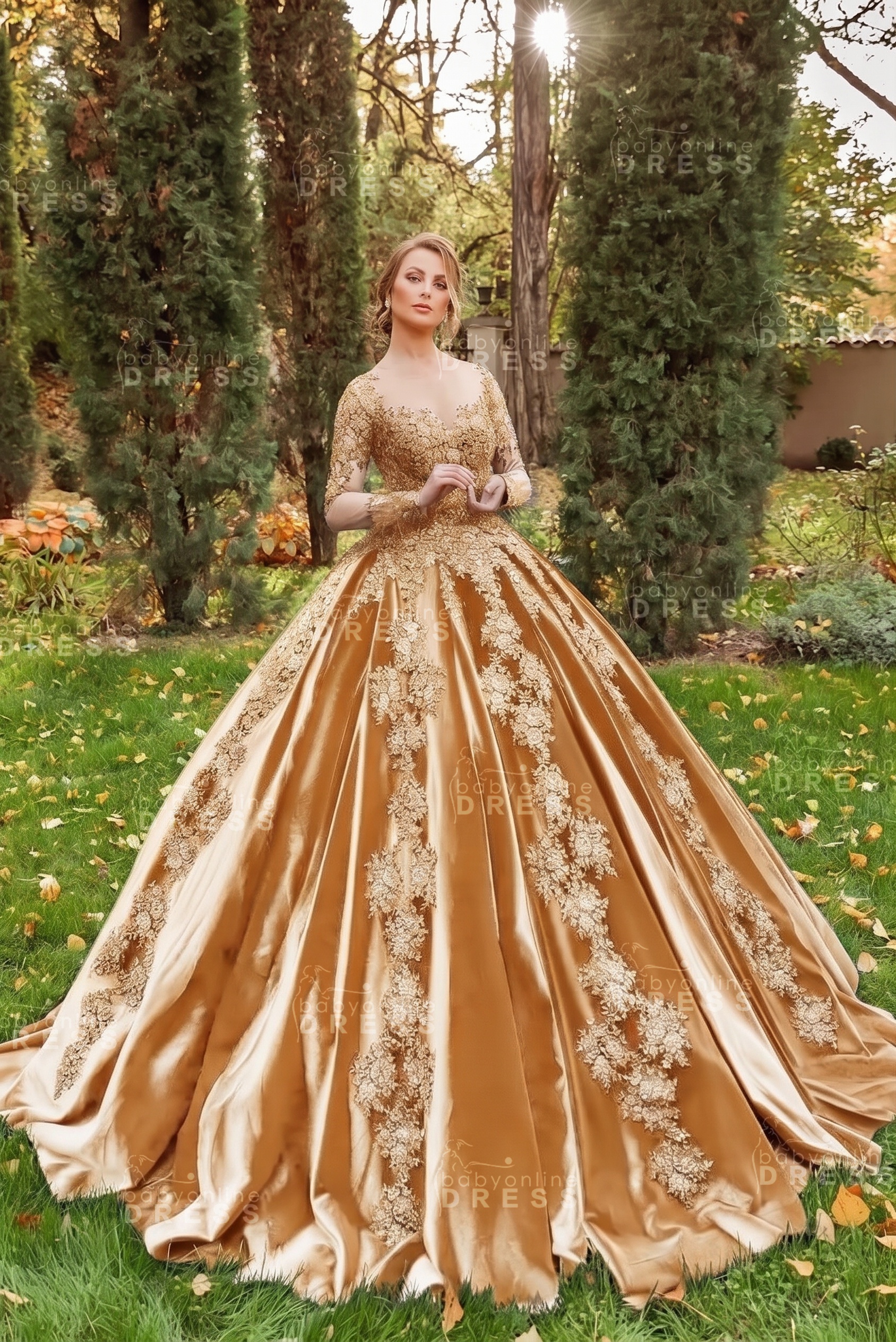 Gorgeous Long Sleeves Velvet Ball Gown with 3D Floral Appliques
