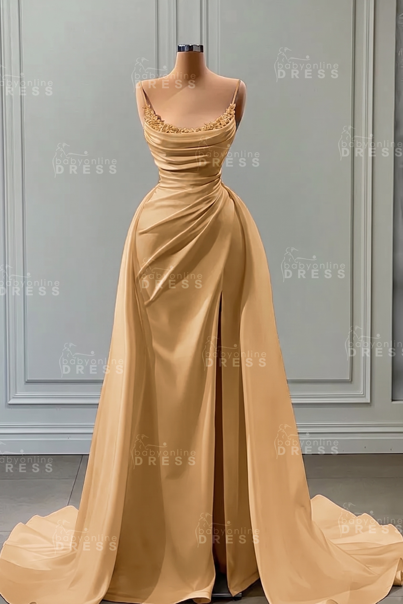 White Spaghetti Straps Satin Mermaid Prom Dress with High Split