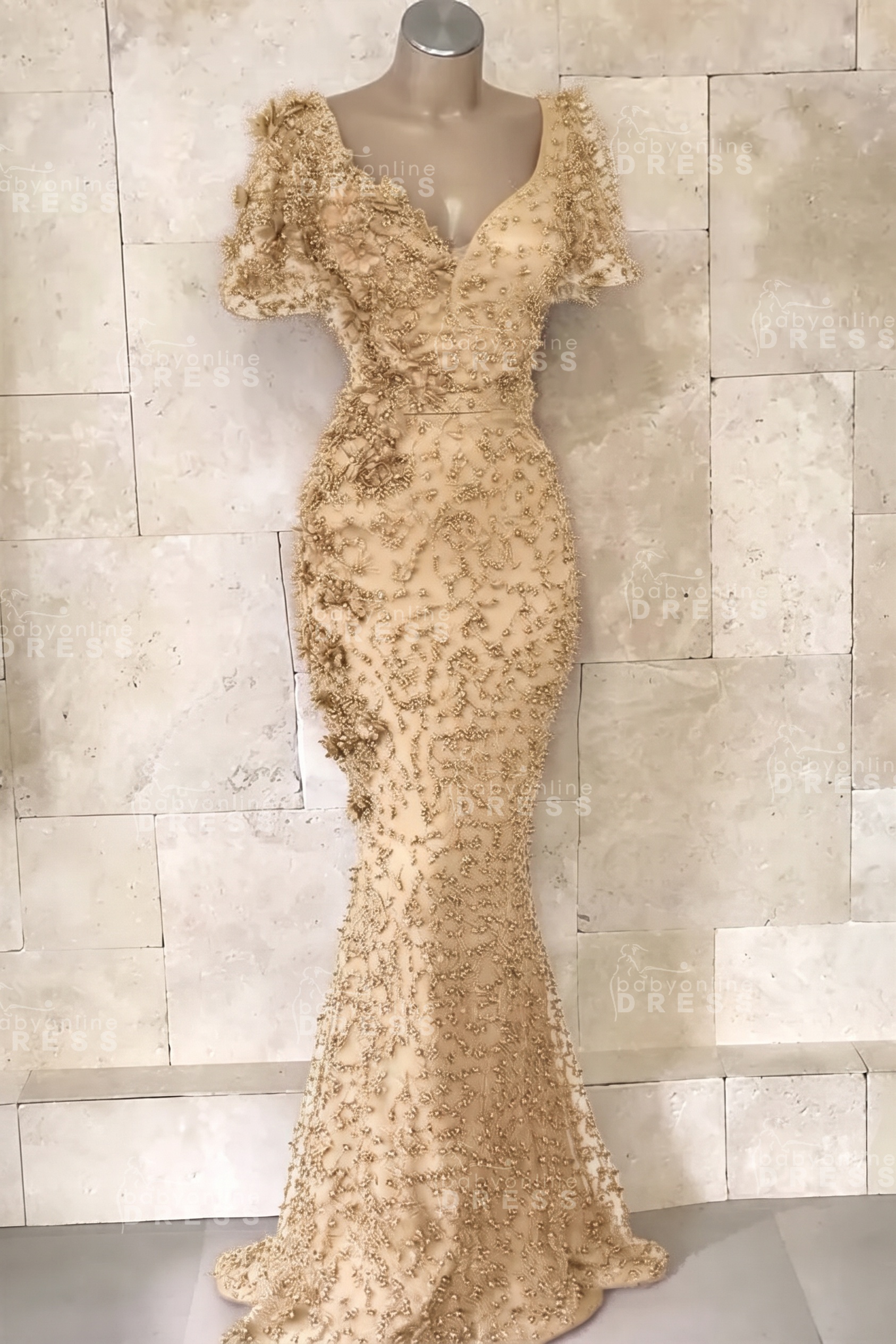 Glamorous V-Neck Short Sleeves Beading Flower Mermaid Floor-Length Prom Dresses