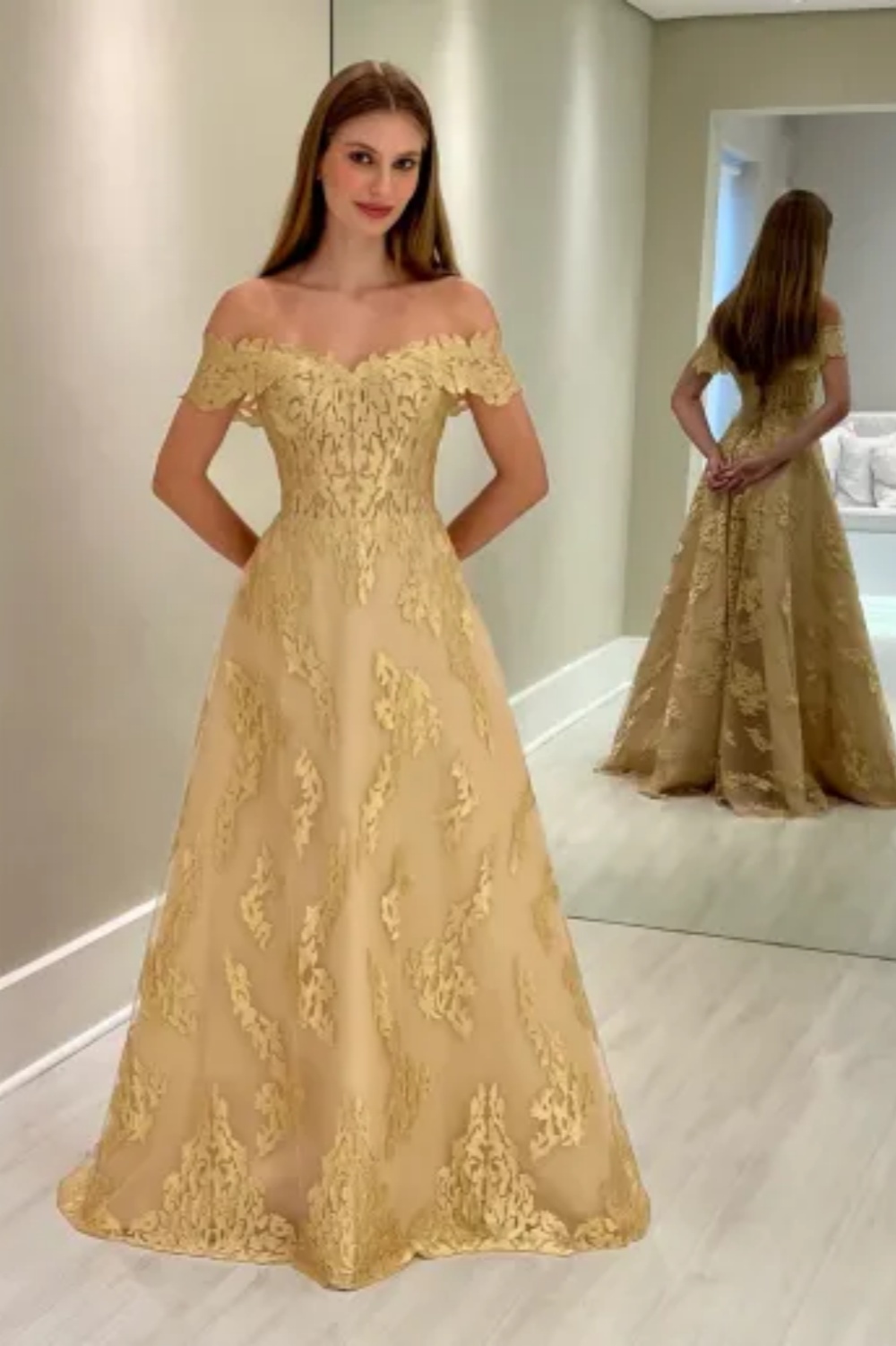 Off-the-Shoulder Gold Tulle Aline Bridesmaid Dress Appliques Wedding Guest Dress