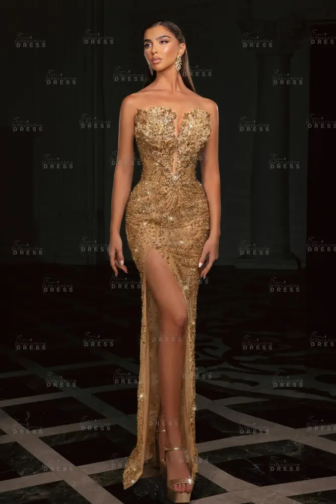Gold Strapless Sequins Beading Split Front Column Prom Dresses
