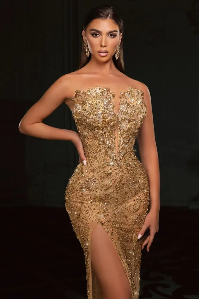 Gold Strapless Sequins Beading Split Front Column Prom Dresses