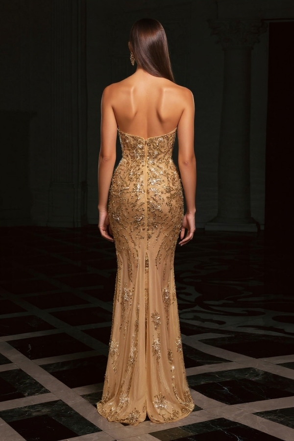 Gold Strapless Sequins Beading Split Front Column Prom Dresses