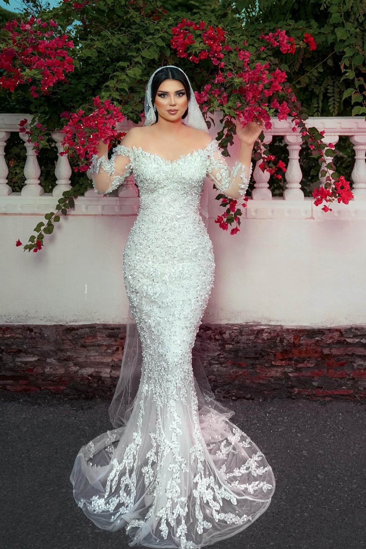 knee length dresses for ladies Off The Shoulder Long Sleeve Shiny Beading Crystal Mermaid Wedding Dress, White / 2