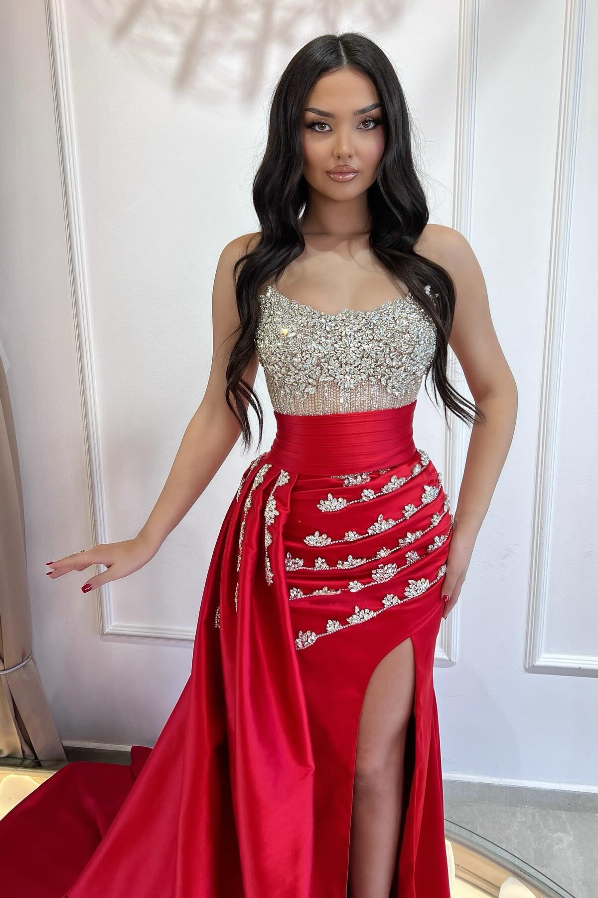 Gorgeous Strapless Sequins Crystal Detailing Mermaid Prom Dresses