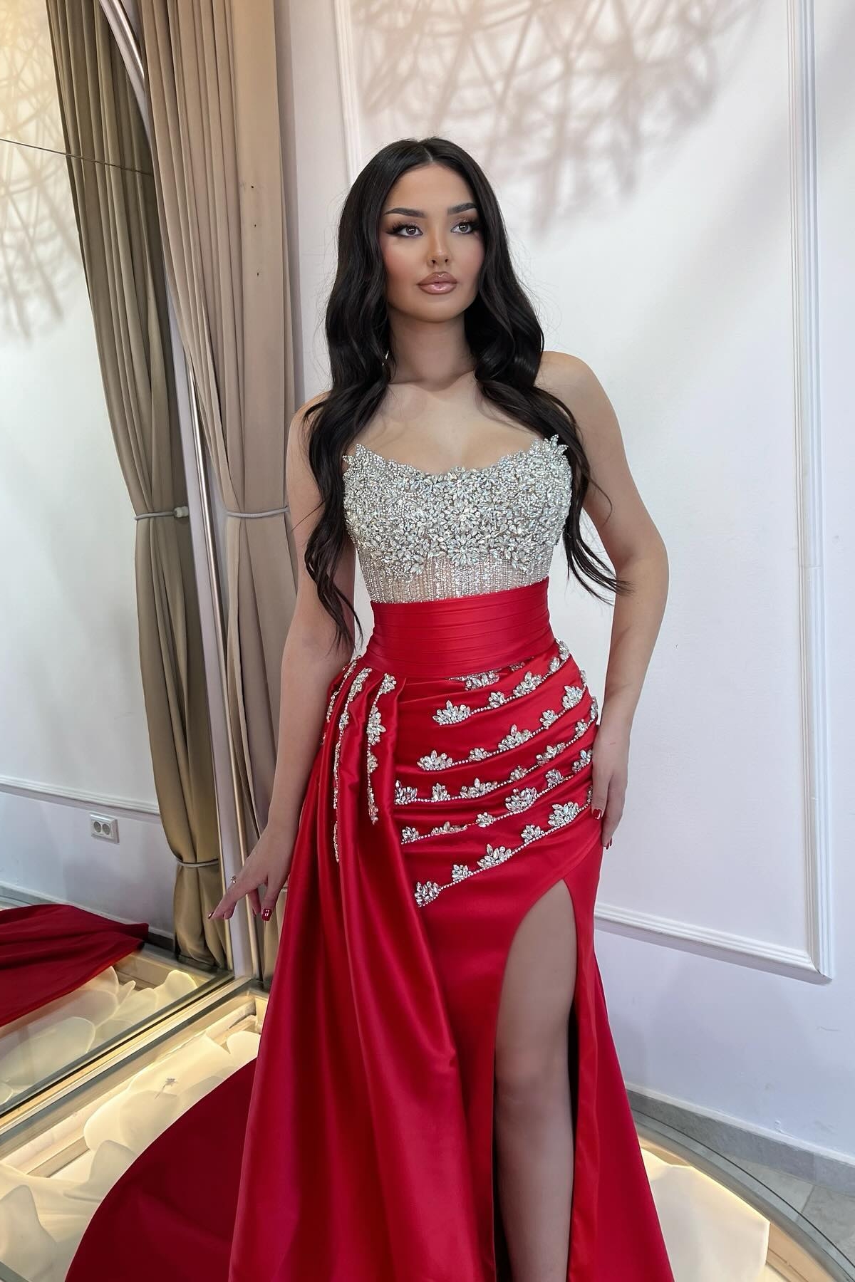 Gorgeous Strapless Sequins Crystal Detailing Mermaid Prom Dresses