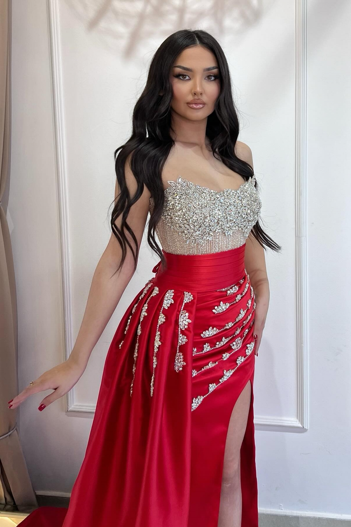 Gorgeous Strapless Sequins Crystal Detailing Mermaid Prom Dresses