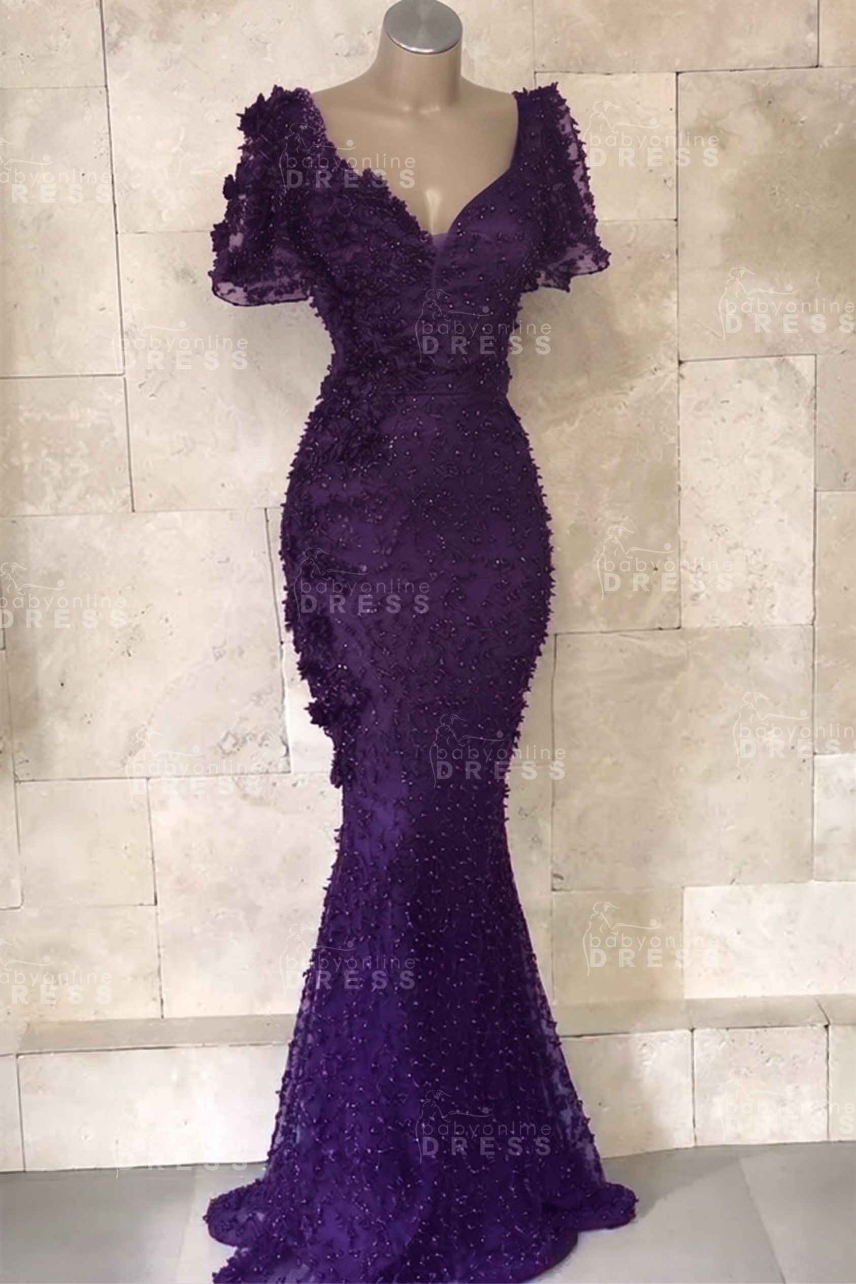 Glamorous V-Neck Short Sleeves Beading Flower Mermaid Floor-Length Prom Dresses