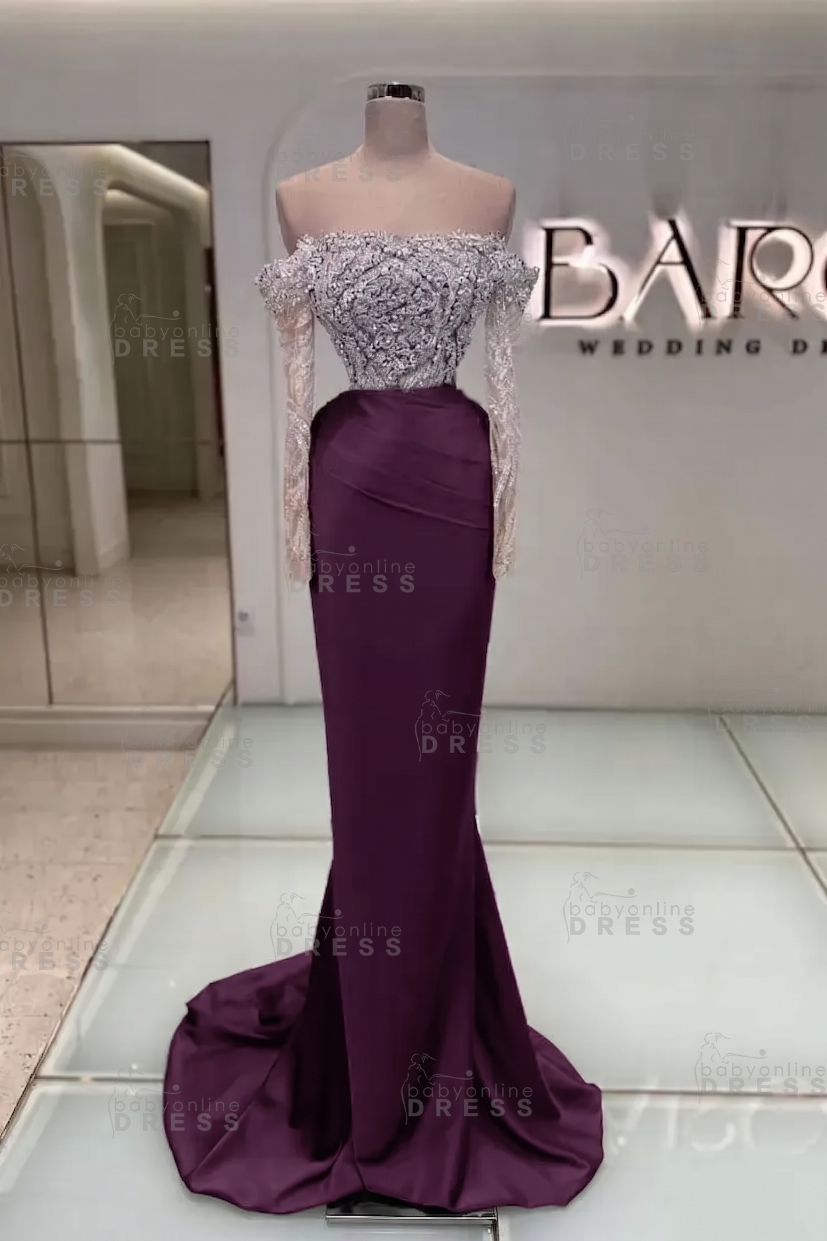Off-the-Shoulder Ruffles Satin Mermaid Prom Dress Beadings with Sleeves