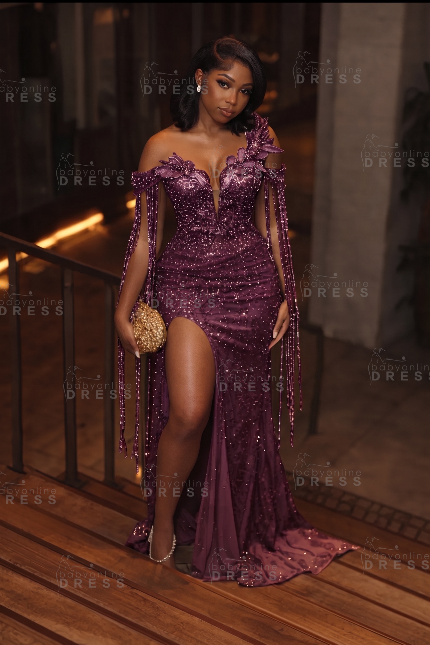 Stunning Asymmetric  Sequins Prom DressMermaid Gold Evening Gown with Tassels