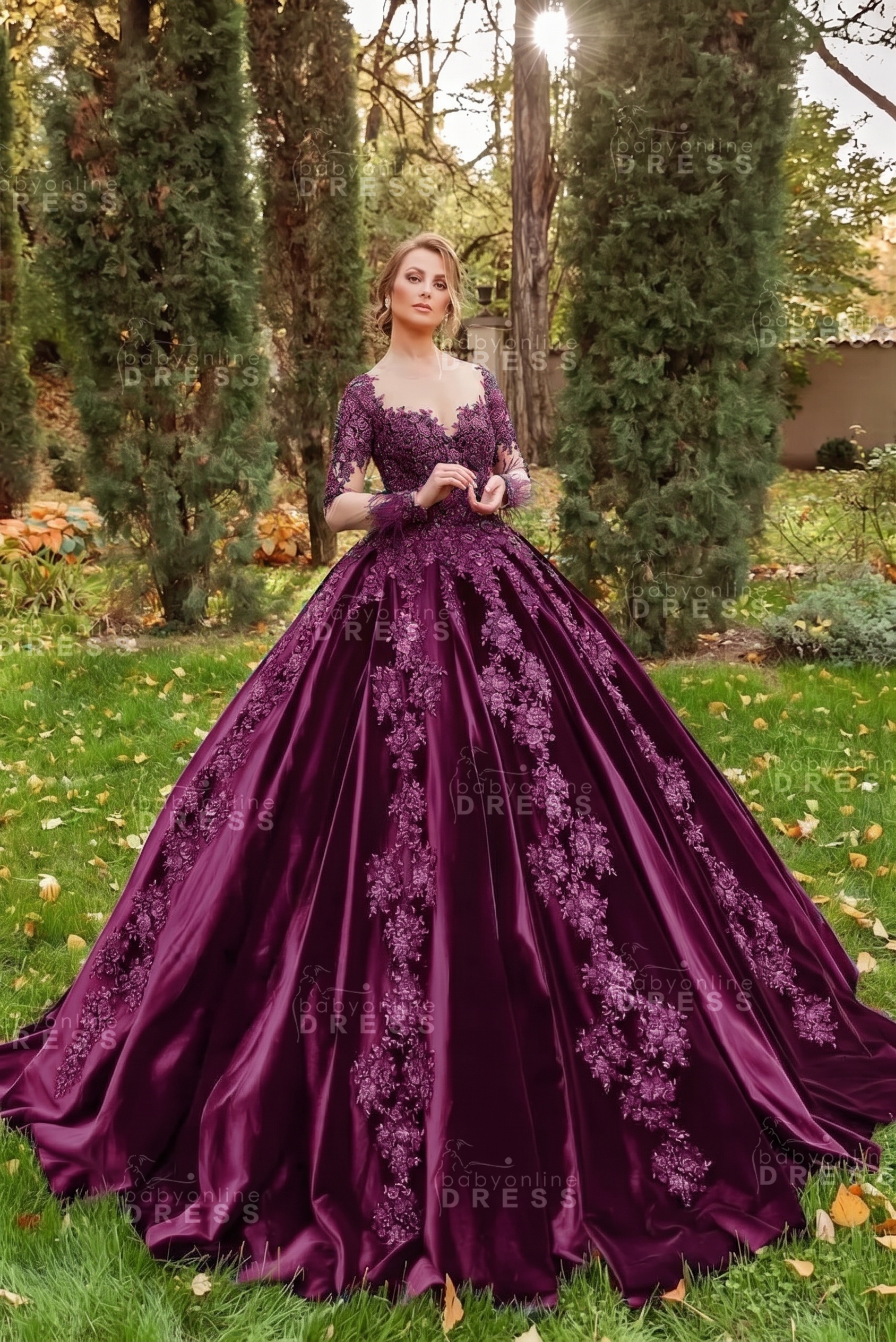 Gorgeous Long Sleeves Velvet Ball Gown with 3D Floral Appliques