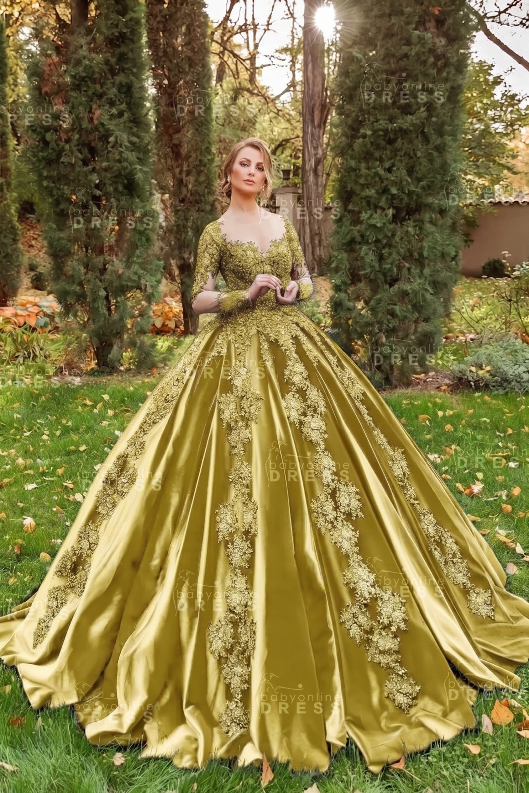 Gorgeous Long Sleeves Velvet Ball Gown with 3D Floral Appliques