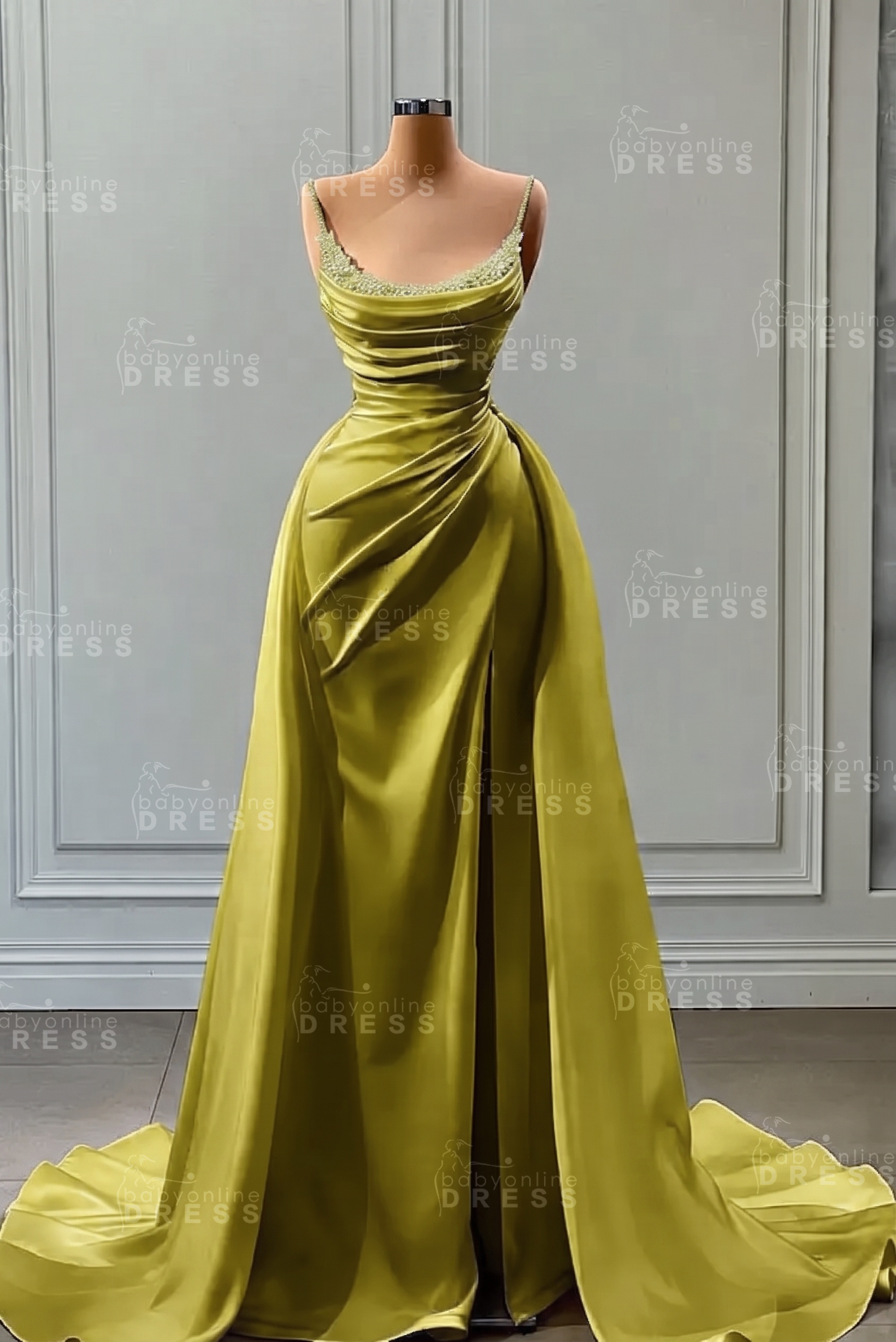 White Spaghetti Straps Satin Mermaid Prom Dress with High Split