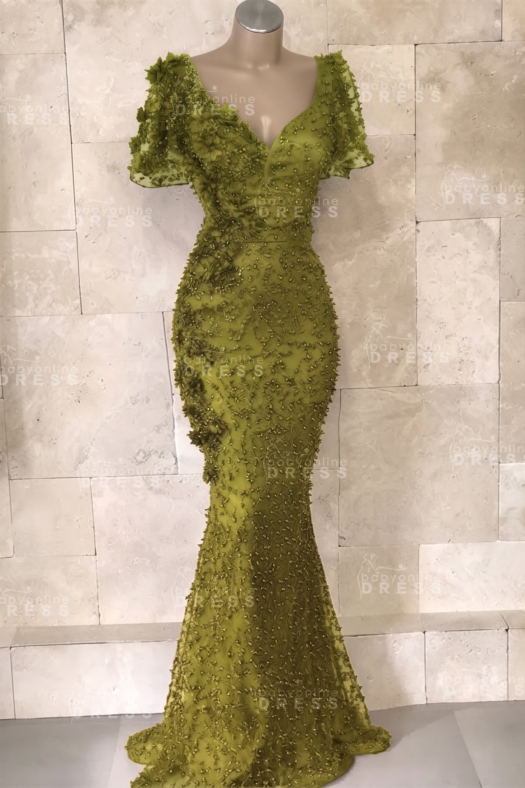 Glamorous V-Neck Short Sleeves Beading Flower Mermaid Floor-Length Prom Dresses