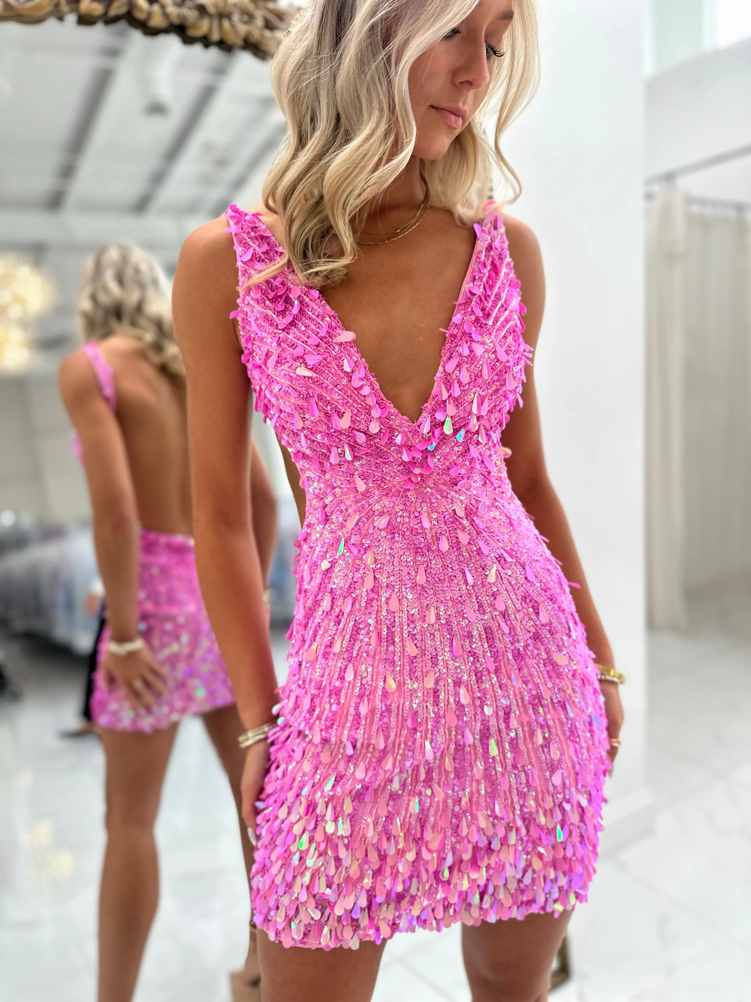 V-Neck Hot Pink Straps Sequin Fringe Backless Mini Homecoming Dress