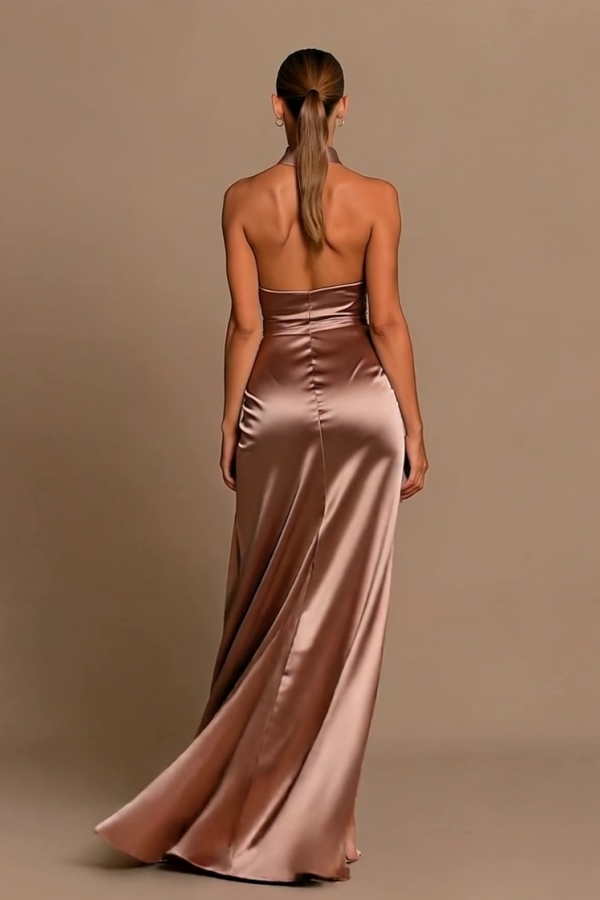 Champagne Halter Floor Length Sleeveless Silk-like Prom Party Dress