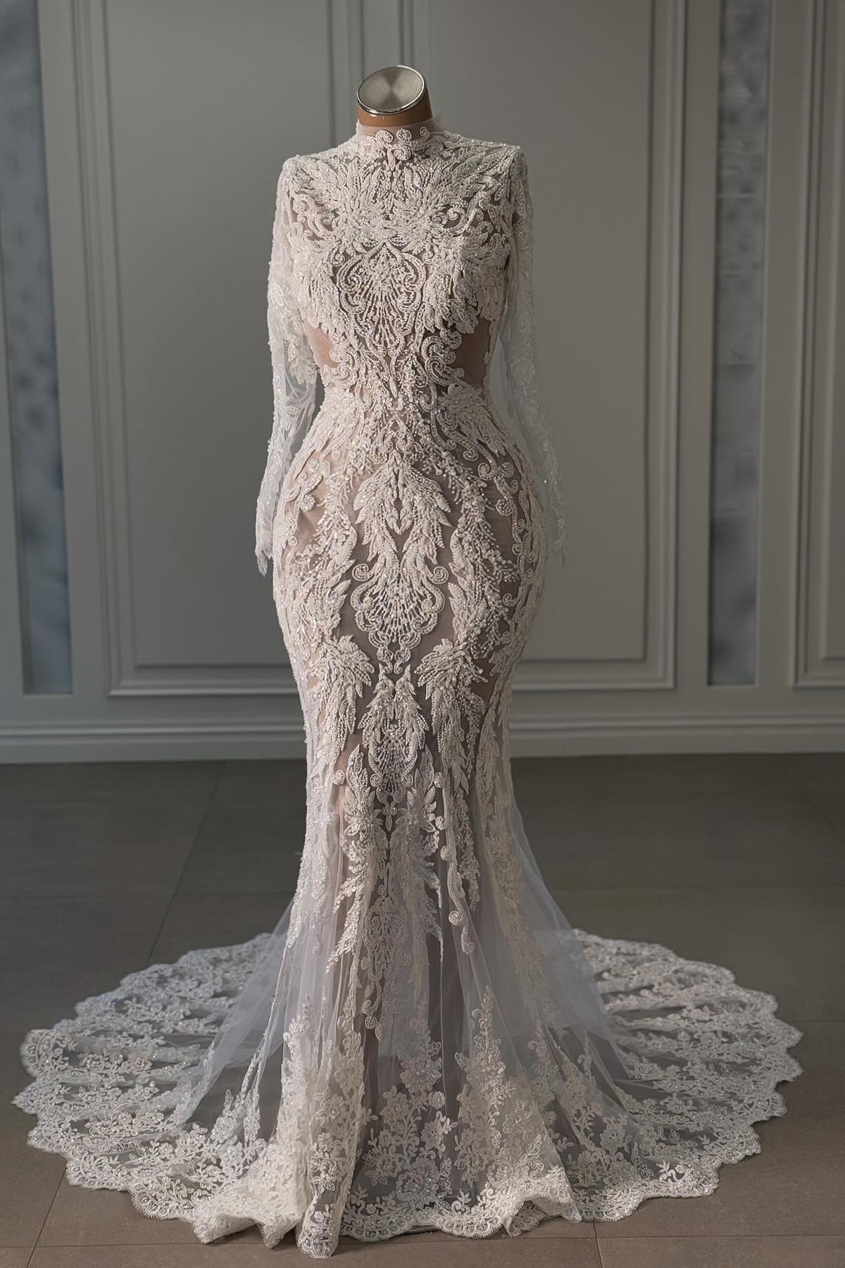 High-neck Appliques Lace Long Sleeve Mermaid Wedding Dresses