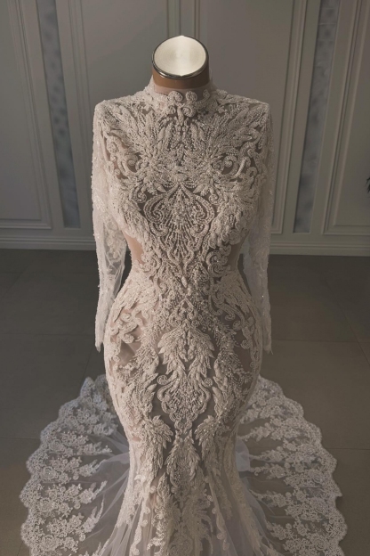 High-neck Appliques Lace Long Sleeve Mermaid Wedding Dresses