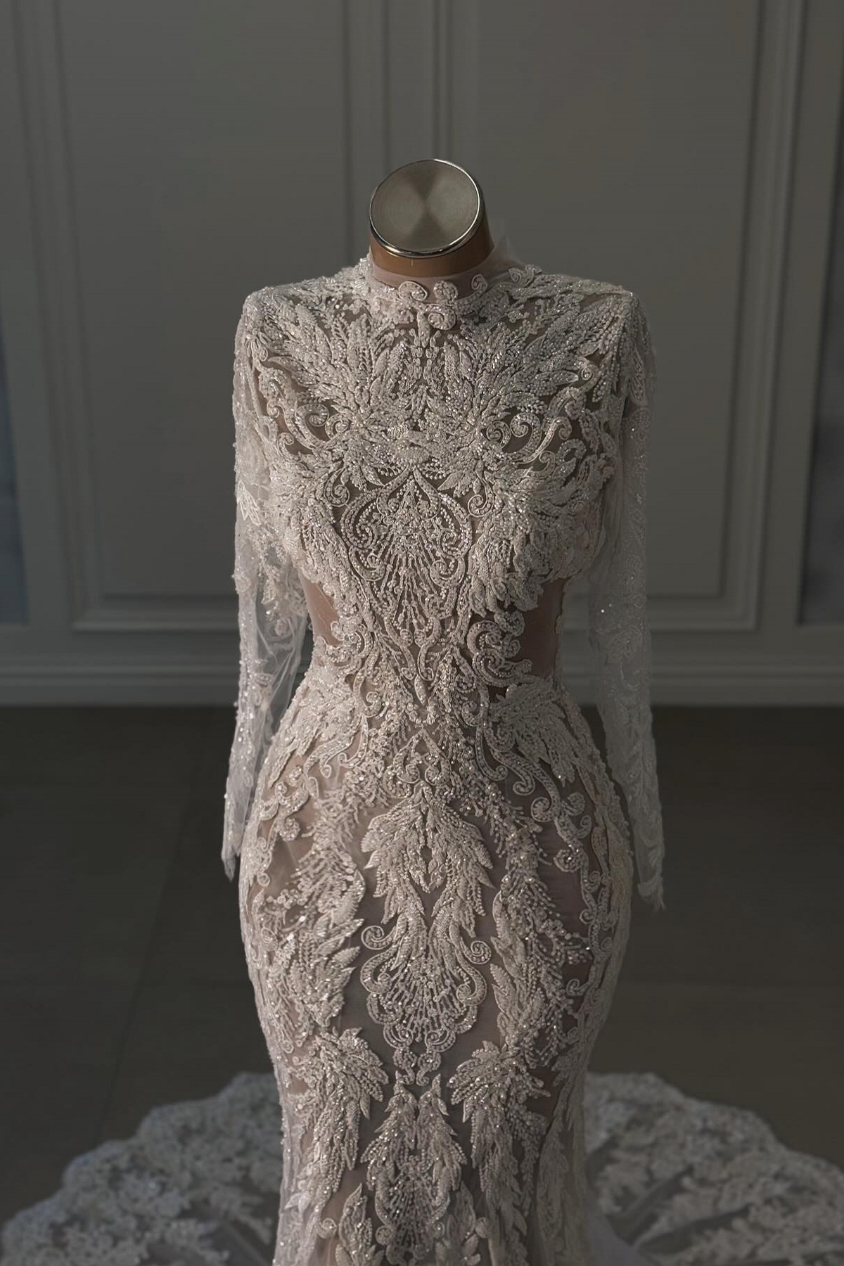 High-neck Appliques Lace Long Sleeve Mermaid Wedding Dresses