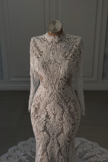 High-neck Appliques Lace Long Sleeve Mermaid Wedding Dresses