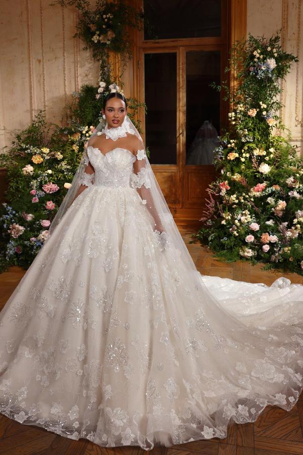 High neck Long sleeves Court Train Lace Wedding Dresses