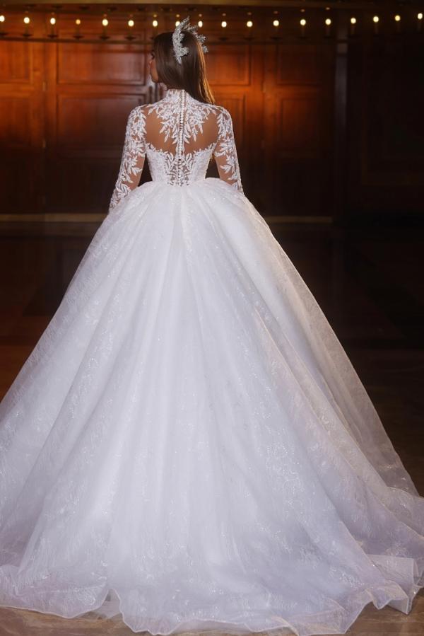 High neck Long sleeves White Ball Gown Wedding Dresses