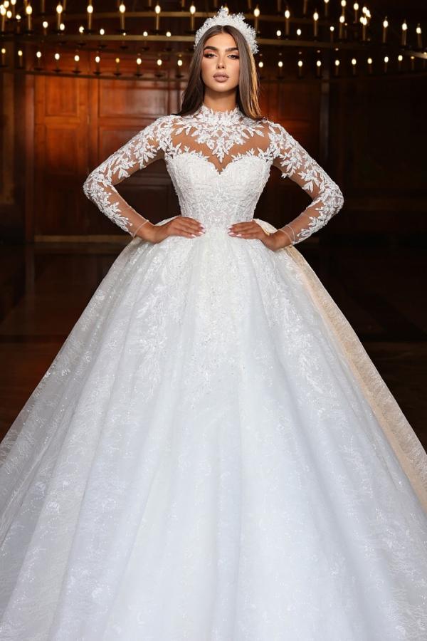 High neck Long sleeves White Ball Gown Wedding Dresses