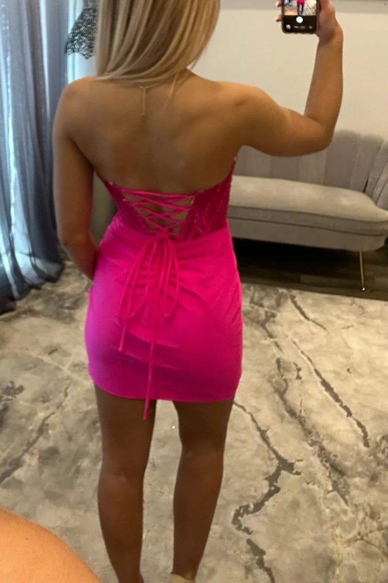 Fuchsia Sweetheart Satin Beaded Corset Tight Mini Homecoming Dress