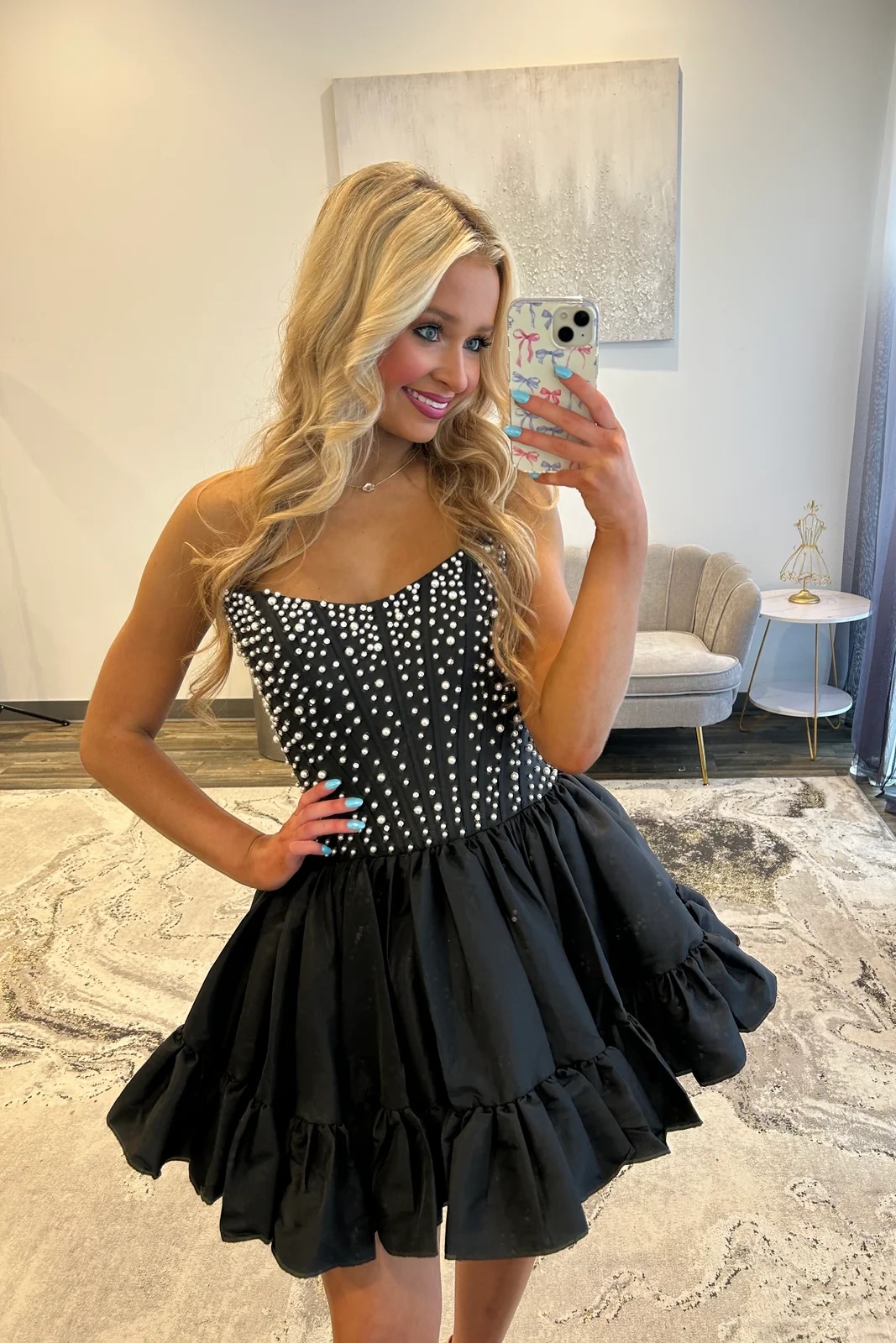 Black Strapless Beaded Corset A-Line Mini Homecoming Dress