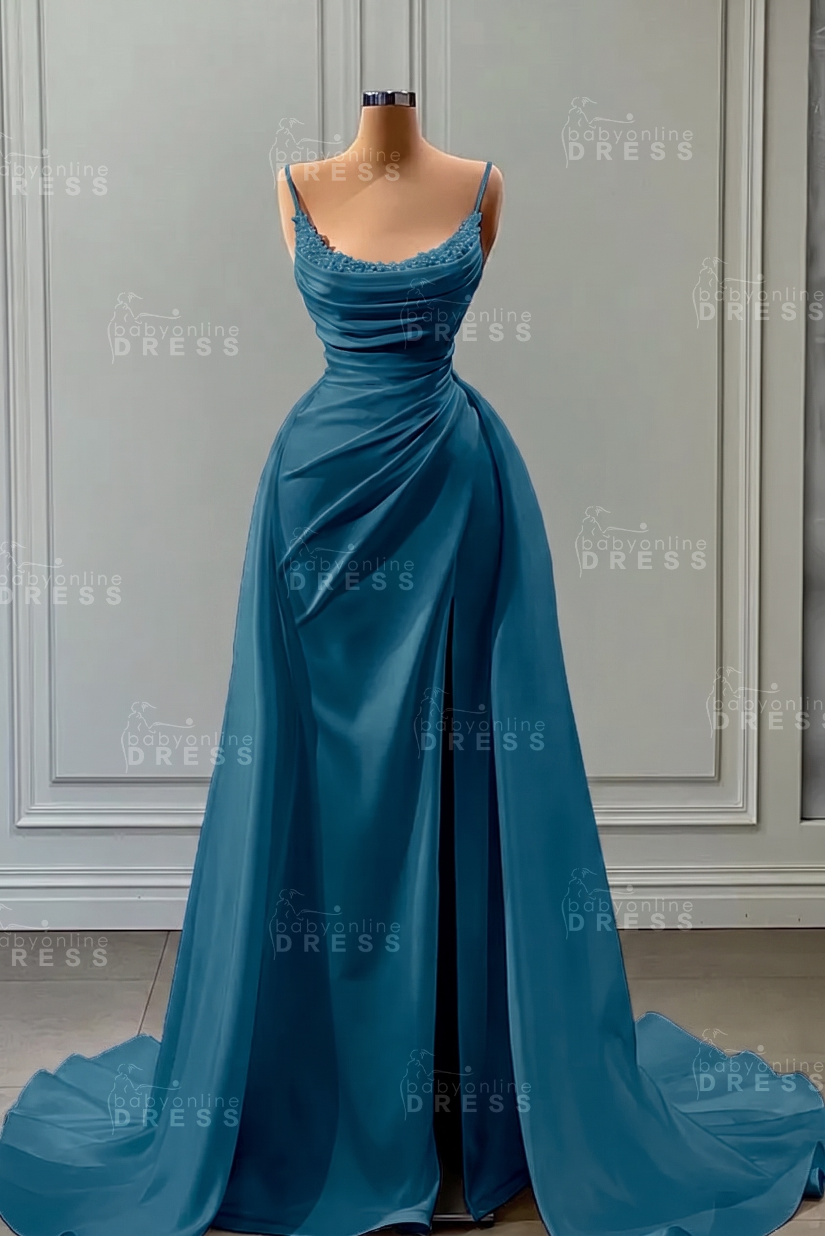 White Spaghetti Straps Satin Mermaid Prom Dress with High Split