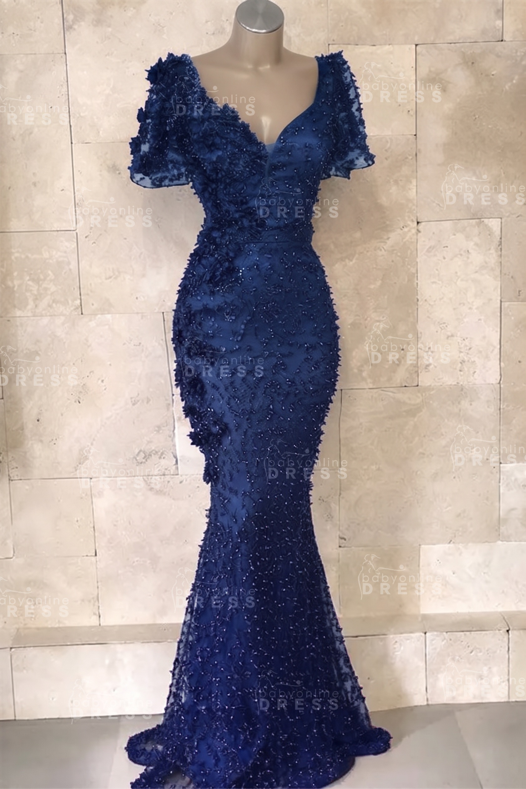 Glamorous V-Neck Short Sleeves Beading Flower Mermaid Floor-Length Prom Dresses