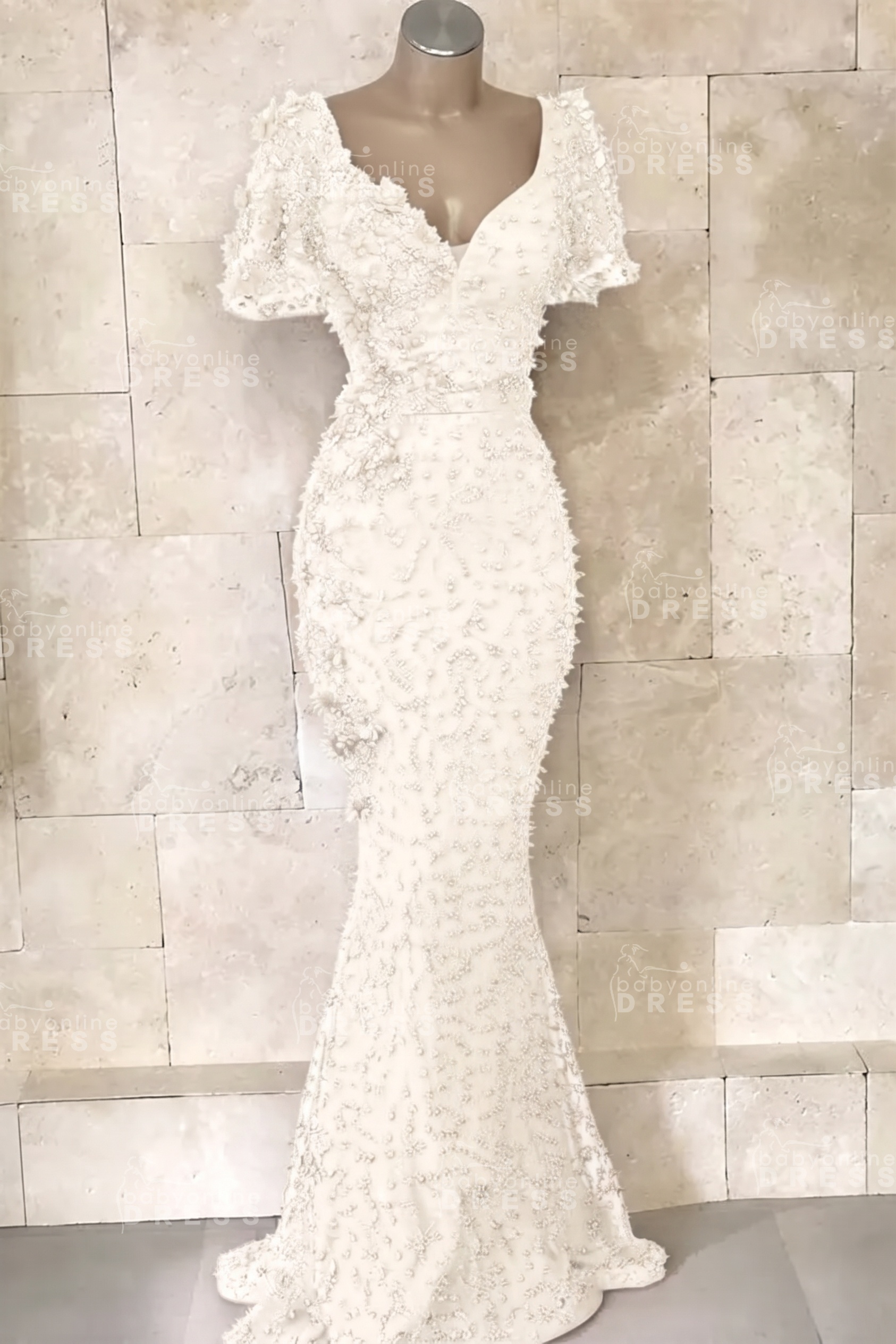 Glamorous V-Neck Short Sleeves Beading Flower Mermaid Floor-Length Prom Dresses