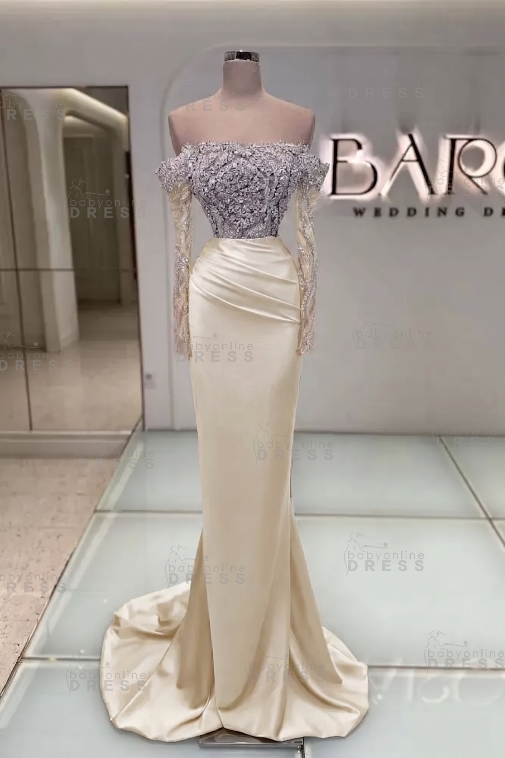 Off-the-Shoulder Ruffles Satin Mermaid Prom Dress Beadings with Sleeves