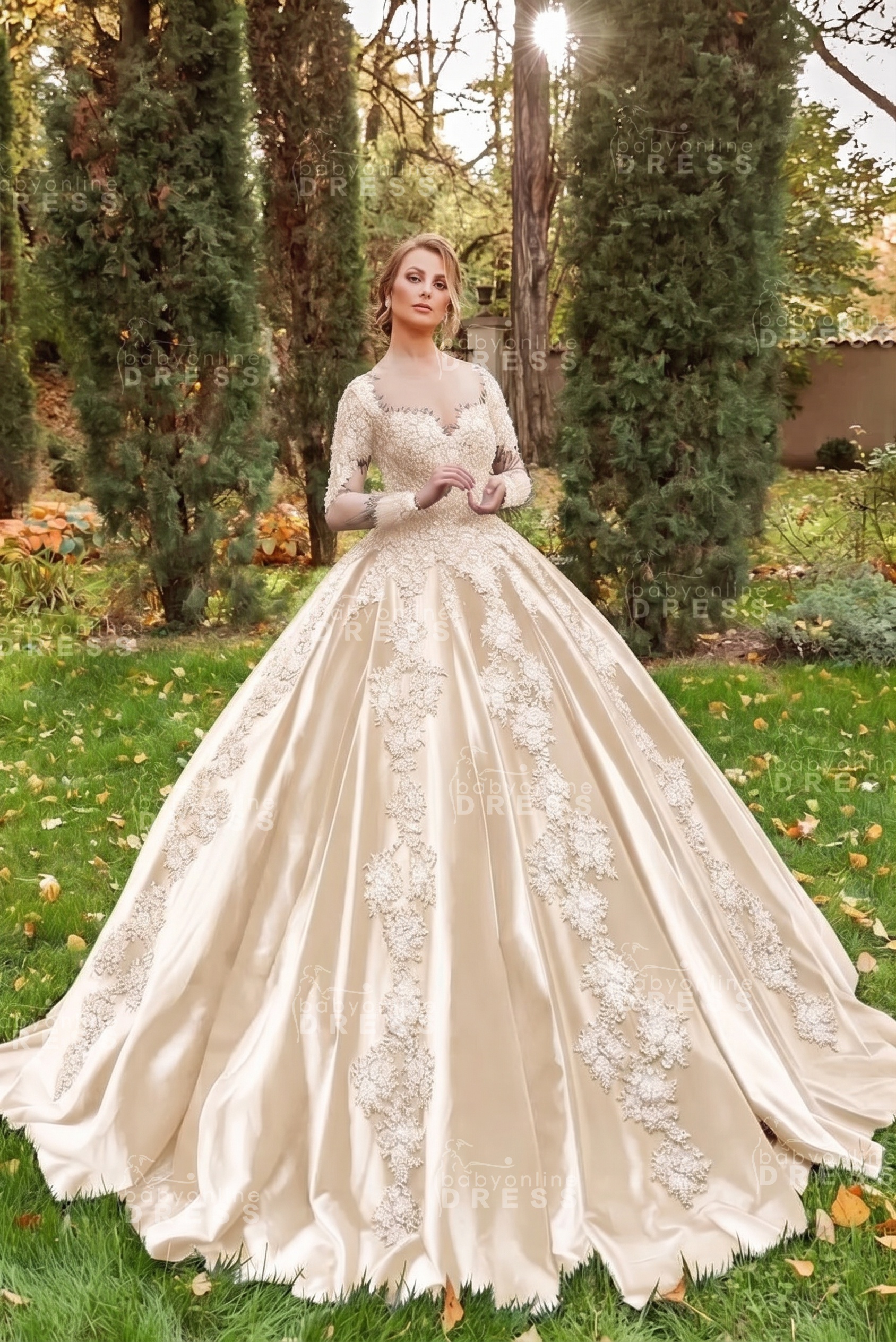 Gorgeous Long Sleeves Velvet Ball Gown with 3D Floral Appliques