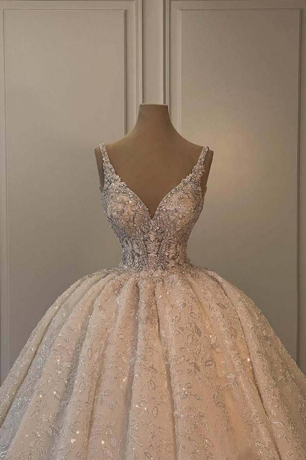 Ivory V-neck Lace Luxury Ball Gown Wedding Dresses