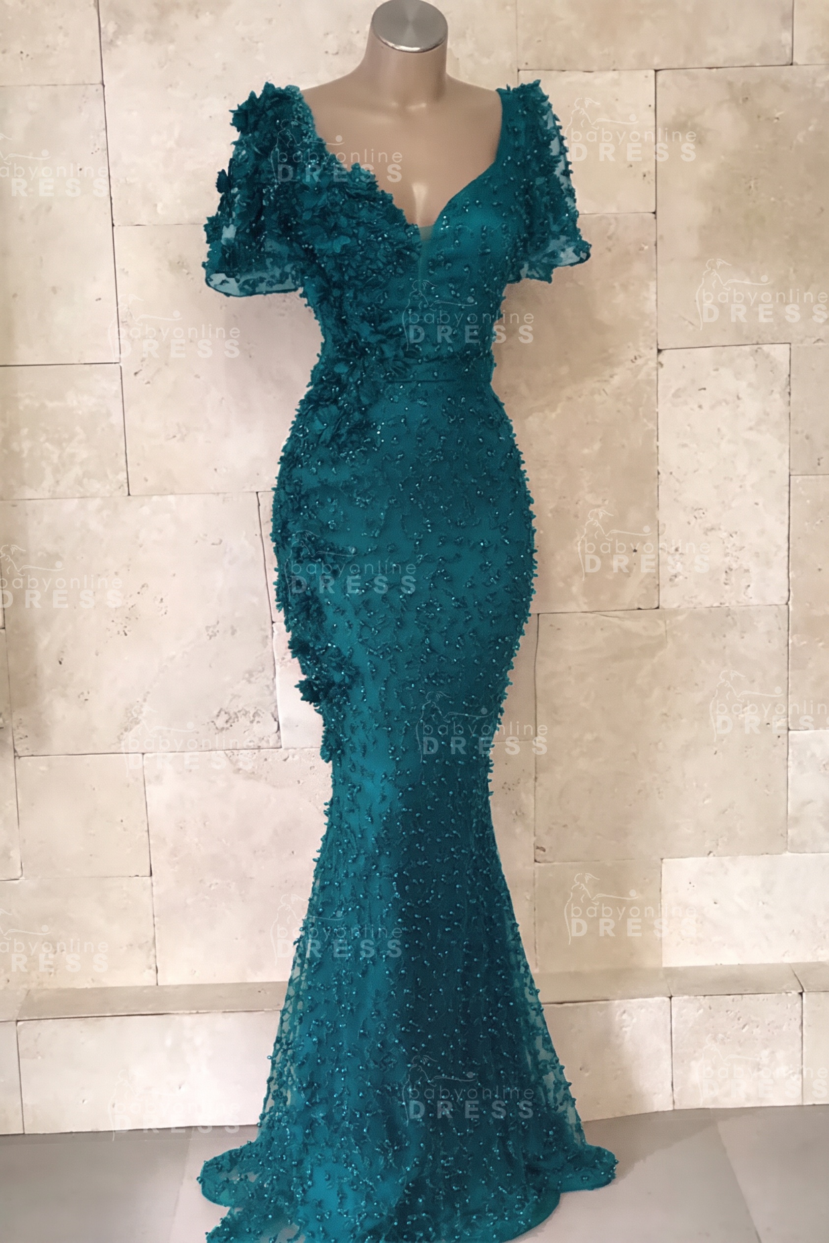 Glamorous V-Neck Short Sleeves Beading Flower Mermaid Floor-Length Prom Dresses