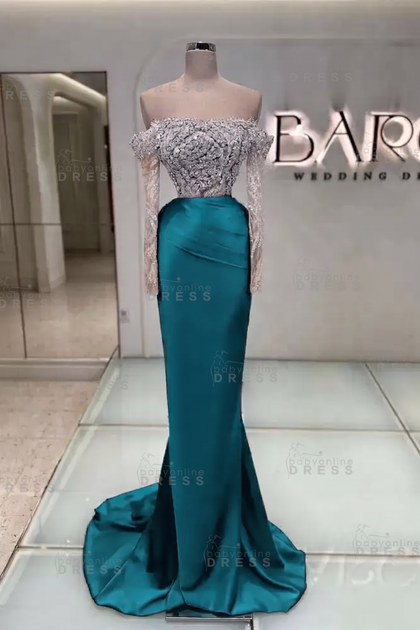 Off-the-Shoulder Ruffles Satin Mermaid Prom Dress Beadings with Sleeves