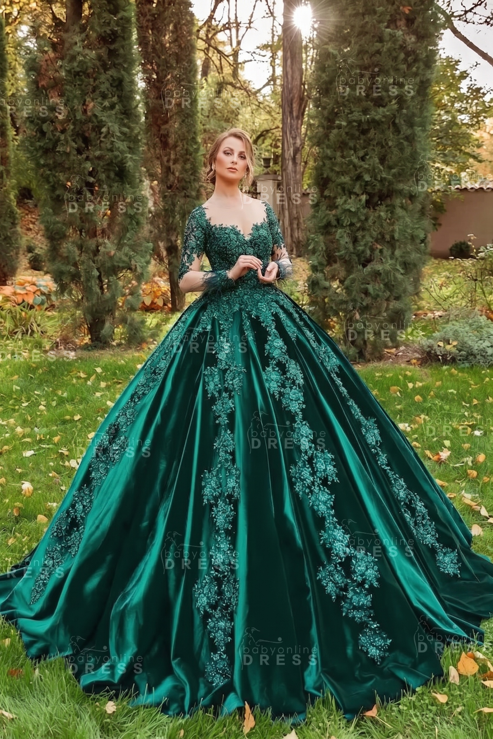 Gorgeous Long Sleeves Velvet Ball Gown with 3D Floral Appliques