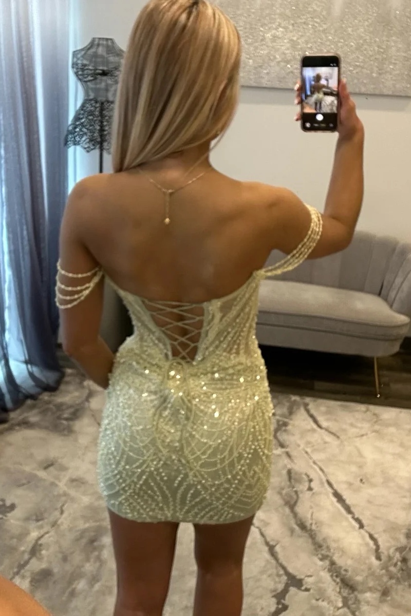 Pink Off-the-Shoulder Sweetheart Beaded Corset Tight Short Homecoming Dress