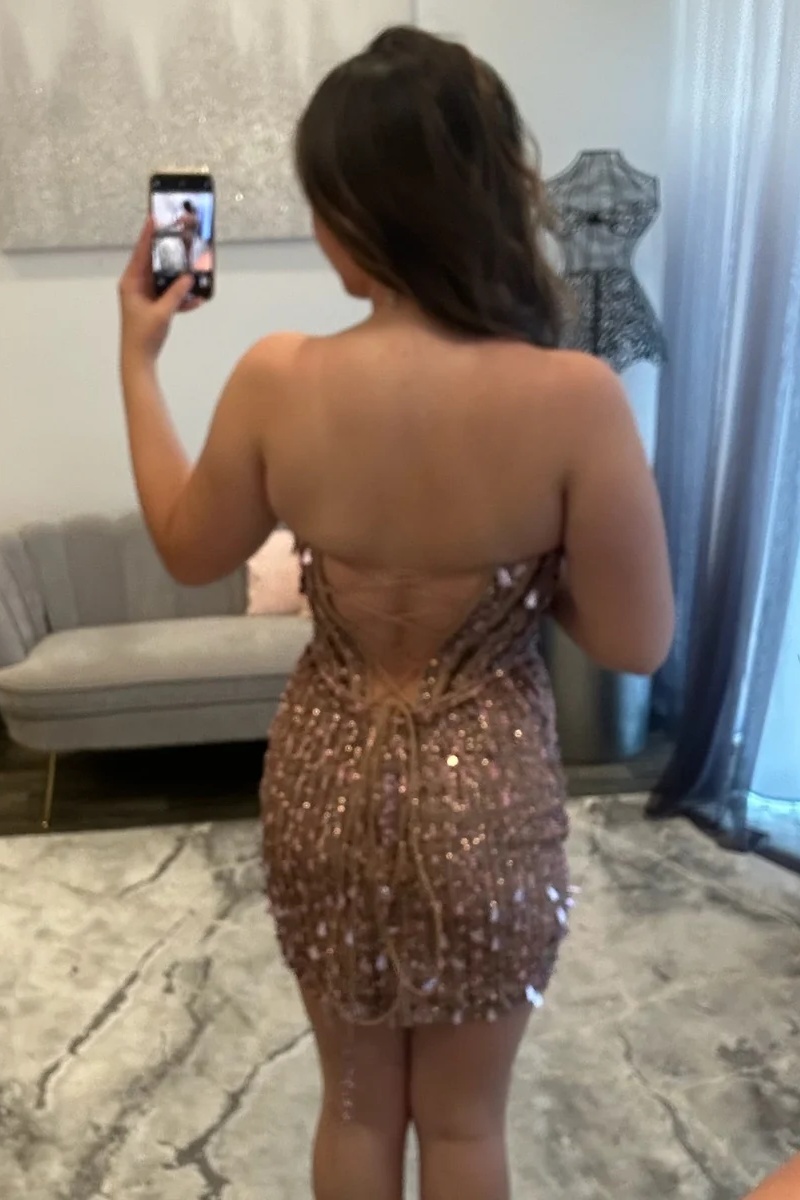 Brown Strapless Sequins Beaded Corset Bodycon Short Homecoming Dress