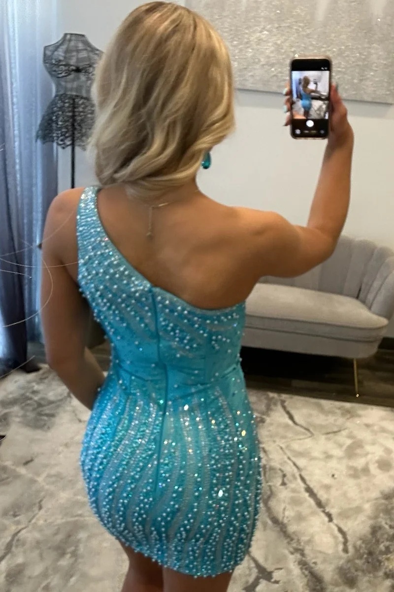  Pink One-Shoulder Beaded Crystal Bodycon Short Homecoming Dress