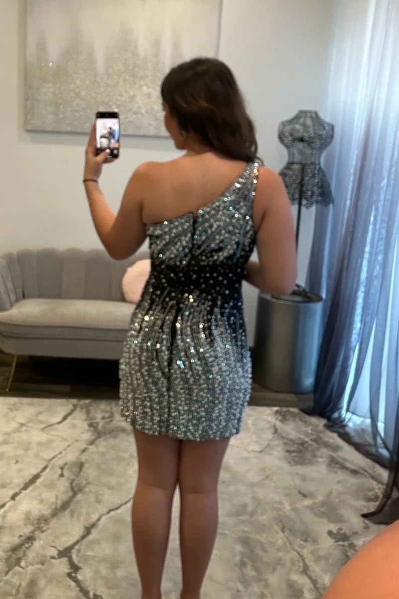  Pink One-Shoulder Beaded Crystal Bodycon Short Homecoming Dress