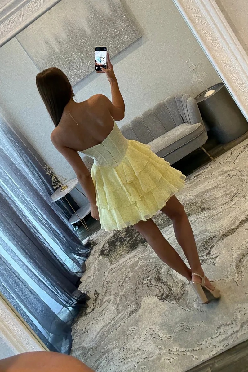 Yellow Sweetheart Rhinestone Corset Tiered Ruffle Mini Homecoming Dress