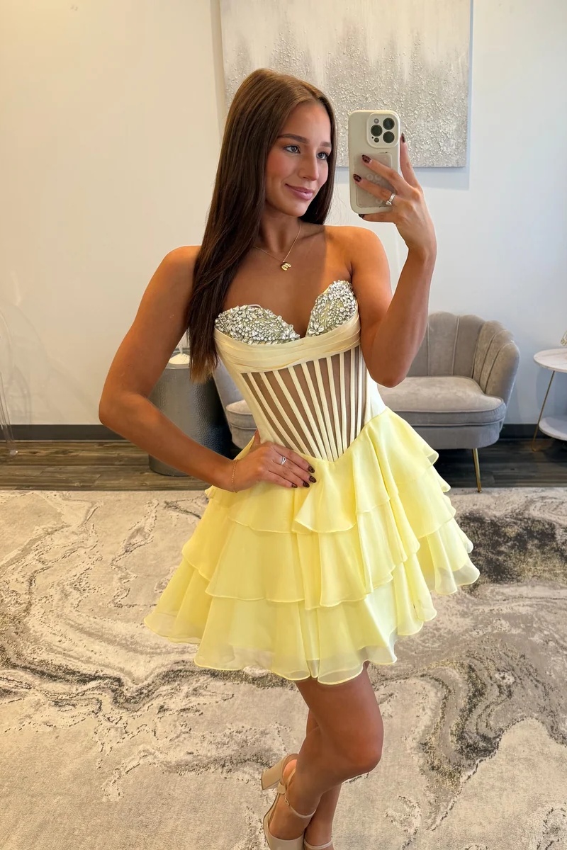 Yellow Sweetheart Rhinestone Corset Tiered Ruffle Mini Homecoming Dress