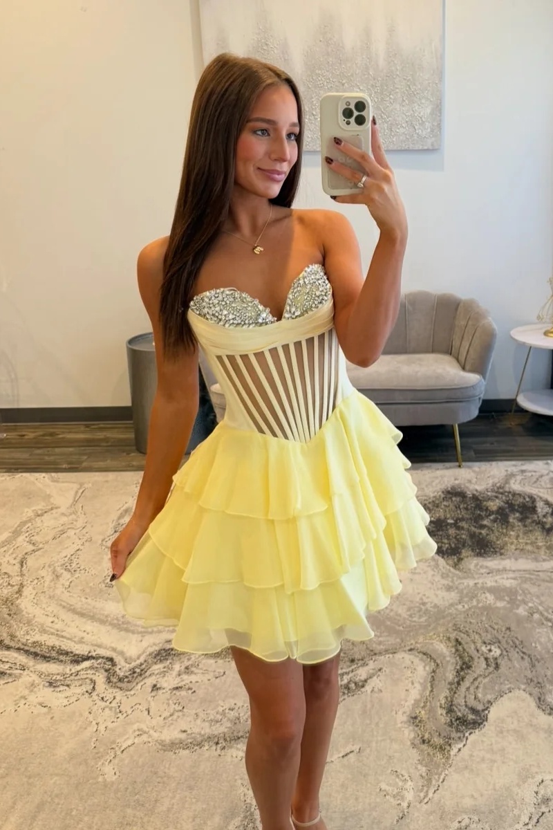 Yellow Sweetheart Rhinestone Corset Tiered Ruffle Mini Homecoming Dress